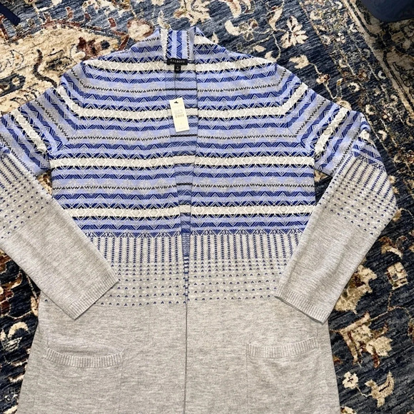 NWT TALBOTS WOMEN CARDIGAN SWEATER TOP BLUE SILVER WHITE SMALL LONG SLEEVE - Picture 1 of 8